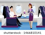Young guy travel by airplane in business class. Vector flat cartoon illustration. First-class plane interior with comfortable seat. Stewardess serving drinks for man working on laptop.