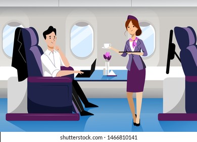 Young guy travel by airplane in business class. Vector flat cartoon illustration. First-class plane interior with comfortable seat. Stewardess serving drinks for man working on laptop.