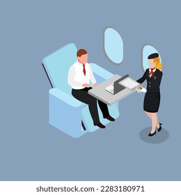 Young guy travel by airplane in business class isometric 3d vector illustration concept banner, website, landing page, ads, flyer template