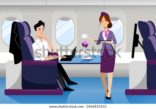 Young guy travel by airplane in business class.
Vector flat cartoon illustration. First-class plane interior with
comfortable seat. Stewardess serving drinks for man working on
laptop.