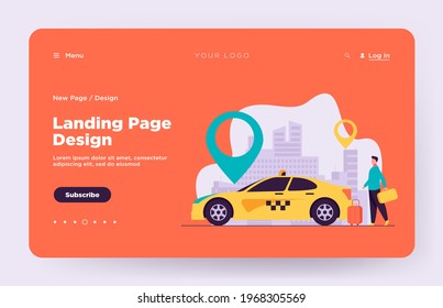 Young guy travelling by taxi around city. Marker, destination, baggage flat vector illustration. Transportation and urban lifestyle concept for banner, website design or landing web page