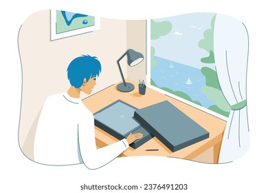 A young guy unpacks a new laptop at a table in front of the window. Flat vector illustration.