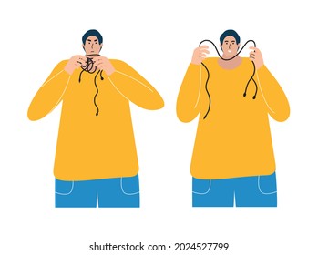 The young guy unraveled the tangled musical headphones. Vector hand-drawn illustration.