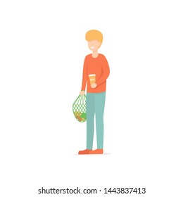 Young guy use eco bag and coffee in reusable glass. Eco happy man character. Save the planet, zero waste life style. Vector template, flat vector design, white isolated.