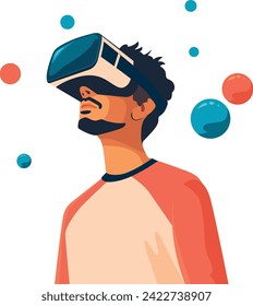 Young guy in vr glasses. Metaverse entertainment. Interacting and exploring a virtual world