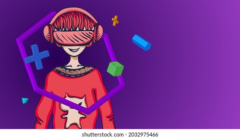 Young guy in VR headset among 3D objects on purple background. Happy kid playing in virtual reality, colorful vector illustration.