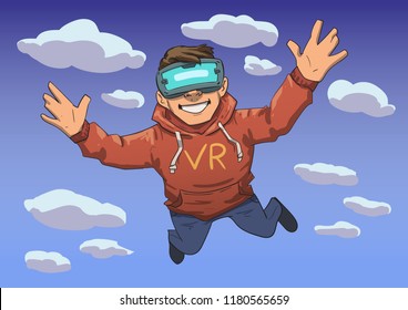 Young guy in VR headset flying in the sky. Happy kid diving into virtual reality. Colorful flat line vector illustration. Horizontal.