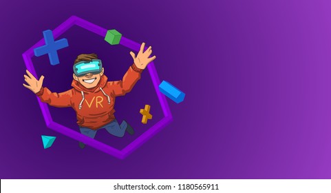 Young guy in VR headset flying among 3D objects on black background. Happy kid playing in virtual reality. Colorful flat line vector illustration.