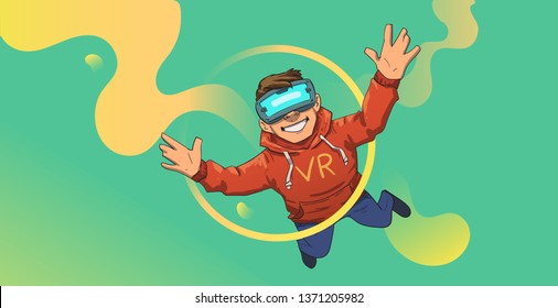 Young guy in VR headset flying on abstract green and yellow background. Happy kid playing in virtual reality. Colorful flat vector illustration. Horizontal.