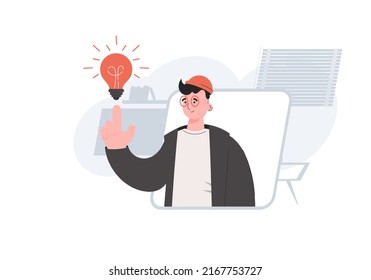 Un chico joven tiene la cintura con una bombilla. Idea. Elemento para presentaciones, sitios. Ilustración del vector