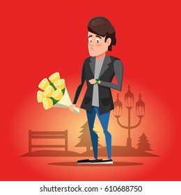 Young Guy Waiting for his Girlfriend with Flowers. Vector cartoon illustration