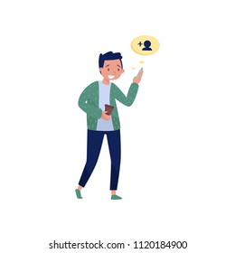 Young guy walking with coffee cup in hand and looking into his phone. Cloud with silhouette of new friend. Social network theme. Flat vector