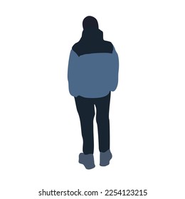 Ein junger Mann geht in Winterkleidung die Straße entlang. 2D-Bild zur Verwendung als Umgebung. Infografiken von Vektorgrafiken in einer flachen Stadt.