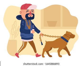 Young guy is walking his dog. Swag Gangster with a brown pitbull on a chain. Flat style design. Hipster walking a dog with coffee in hands. Isolated vector illustration for magazine, book, pet store