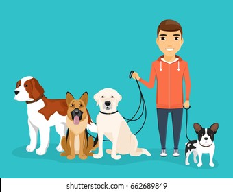 A young guy was walking his four dogs. A variety of dog breeds. Dogs on leash from the owner. In flat style on blue background. Cartoon.