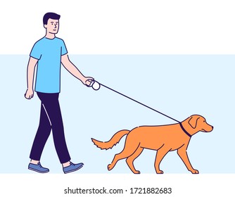 Young guy walks with dog vector illustration. Healthy lifestyle and rest on nature. Isolated cartoon characters on a blue background.