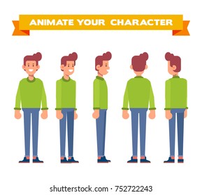 Young guy in a warm sweater for animation. Front, side, back, 3/4 view. Separate parts of body. Cartoon style, flat vector illustration.