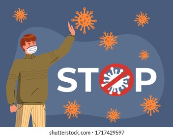 Young guy wearing medical mask show stop gesture against world epidemic at the background of flying virus and stop sign. Concept of coronavirus spreading. Man in center of epidemy, crossed out sign