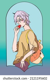 Young guy whearing a T-shirt and with a strawberry  in his hand.