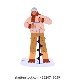 A young guy in winter clothes is enjoying his vacation, drilling a hole in the ice for fishing. The vector illustration captures this fun winter event on a frozen lake