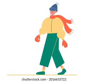 Joven con ropa de invierno. Hombre hipster. Invierno ropa de moda moderna y cálida. Caracter masculino caminando usando chaqueta caliente, guantes, sombrero, pantalones, zapatos. Ilustración del vector