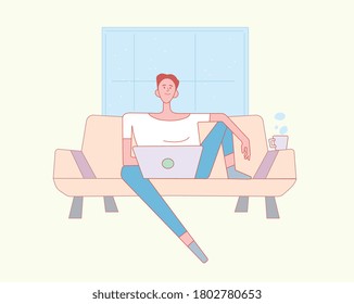 Young guy work at home on couch at night - freelance, student. Self isolation remote job illustration with line