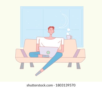 Young guy work at home on couch at night - freelance, student. Self isolation remote job illustration with line