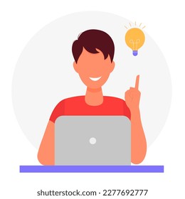 A young guy working with a laptop found how to solve a problem, and found an idea. Business concept of insight, creative thought, inspiration. Vector cartoon illustration in flat style.