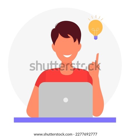 A young guy working with a laptop found how to solve a problem, and found an idea. Business concept of insight, creative thought, inspiration. Vector cartoon illustration in flat style.