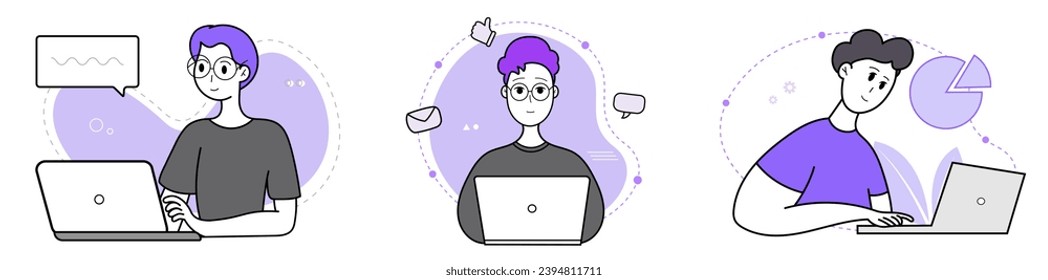 Young guy working at a laptop. Freelancer, student, consultant. Set of vector illustration in flat style.