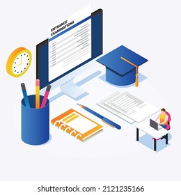 Young Guy Working On College Admission Test 3D Isometric Vector Concept For Banner, Website, Illustration, Landing Page, Flyer, Etc