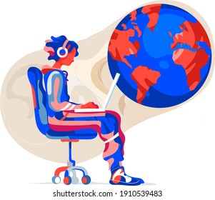Young guy working on his laptop wearing headphones with planet earth on background