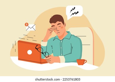 Young guy is working on a Laptop. Tired character. Concept of Eye Health while Working at the computer. Flat vector illustration.