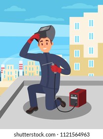 Young guy working with welding machine on building roof. Man in protective gloves and mask. Professional welder at work. Flat vector design