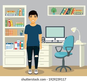 A young guy in the workplace. An employee of the office  working in his office, standing near a desk with a computer. In flat style. Cartoon