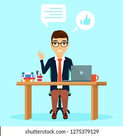 A young guy in the workplace gesture shows that all is well. Speech bubble. In flat style on blue background. Cartoon.