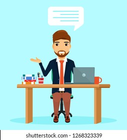 Young guy in the workplace. Workspace. Speech bubble. Business and Finance. In flat style on blue background. Cartoon.