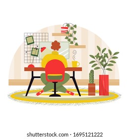un joven trabaja en un ordenador en un ambiente acogedor, un trabajador independiente de la semana, un hermoso interior doméstico, simple ilustración plana vectorial