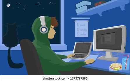
young guy works at the computer at night with a cat and a snack on quarantine