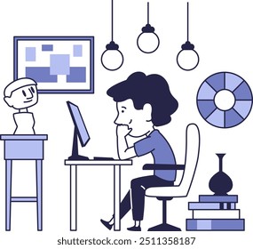 A young guy works at a computer in an office as an interior designer. Illustration of work in an art studio.