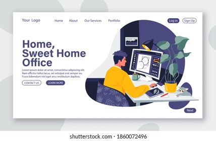 Young guy works at home in cozy interior. Comfortable conditions for remote work concept for landing page template. Vector illustration in flat cartoon style freelancing, working during world pandemic