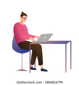 Un chico joven trabaja en casa en la mesa. Trabajo informático. Freelance, educación en línea, concepto de medios sociales. Ilustración vectorial, nuevo diseño fresco. Luminoso lugar de trabajo.