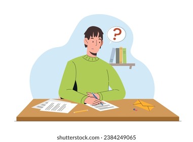 Young guy writing letter. Concept of international communication and friendly correspondence. Man writes text for his friend. Mailing and post interaction. Cartoon flat vector illustration