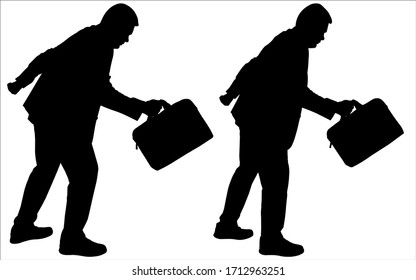 Young guys in business suits with cases run after each other. Teamwork. Be the first to reach the goal. Run to the target first. Pursuit of success. Black silhouettes isolated on a white background.