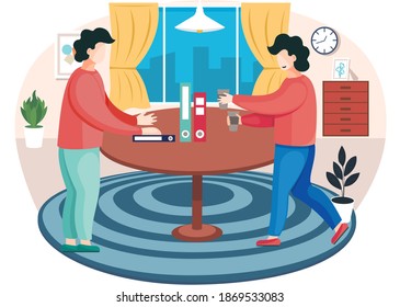 Young guys communicate in the apartment and spend time together. Pastime with friends. Man carries cups of coffee in his hands. Freelancers working from home. Male characters standing near the table