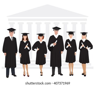 Young guys and girls graduates standing in front of university building holding diploma. Vector illustration.