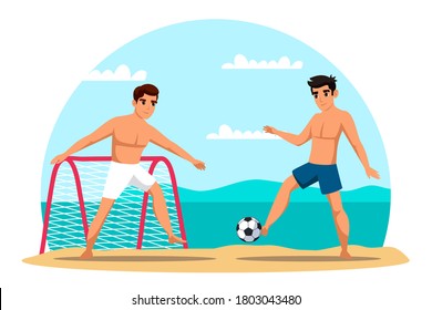 Young Guys Playing Football At Beach. Teenagers Doing Summer Sports, Outdoor Activity Together, Recreation At Vacation. Smiling People By Sea, Resting At Resort. Vector Character Illustration