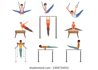 Young guys training on various gymnastics apparatus. Rings, pommel horse, horizontal and parallel bars sport. Professional athletes. Flat vector set