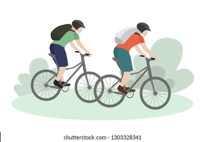 Young guys travel by bike. Cartoon style flat illustration.