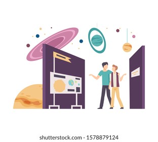 Young Guys Walking Along Stands in Planetarium and Learning Galaxy Vector Illustration